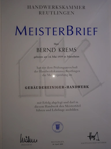 Meisterbrief Bernd Krems Handwerkskammer Reutlingen